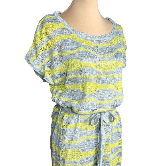 NWOT VERTIGO Sheer Knit Maxi Dress Sz.L Gray Yellow Belted Beach Summer Mesh - Picture 4 of 12